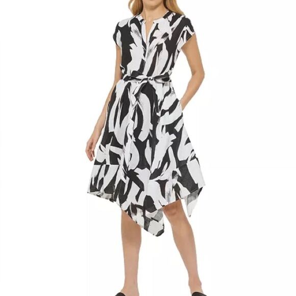 DNKY Linen cap sleeve asymmetrical tie dresssz 12 - Picture 1 of 11